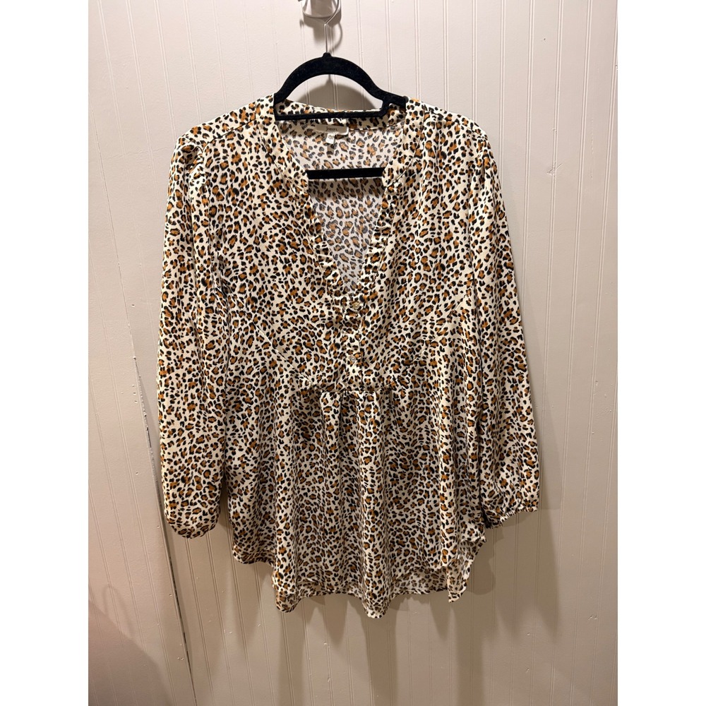 Jodifl Leopard Print V-Neck Blouse Long Sleeve Animal Print Top Tan Black Large
